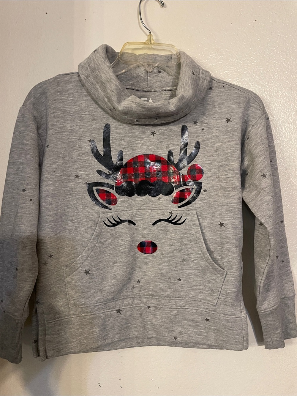 Girls' Grey Reindeer Cowl-Neck Hoodie with Red Plaid Accent